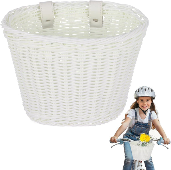 Kids Bike Basket with Adjustable PU Belts, Handmade Woven Rattan Front Handle Basket