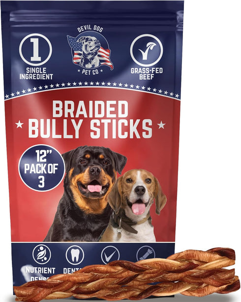 Devil Dog Pet Co. 12 Inch Braided Bully Sticks for Dogs – 3 Pack, 100% All Natural, Long Lasting & Rawhide Free