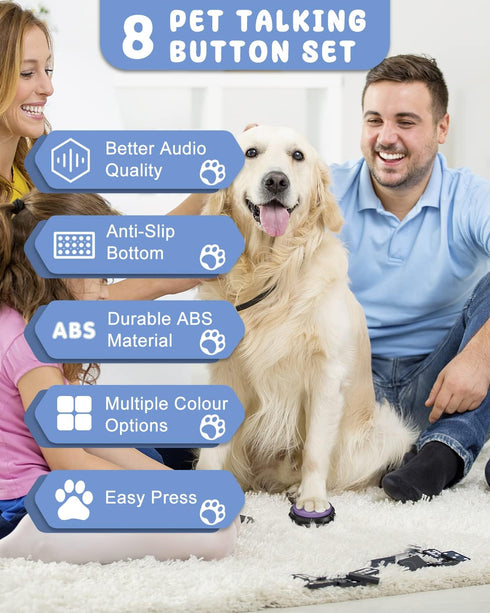 Dog Buttons for Communication - 8 Pcs Talking Button Set, 30s Recordable Voice Pet Buzzer with Waterproof Mat