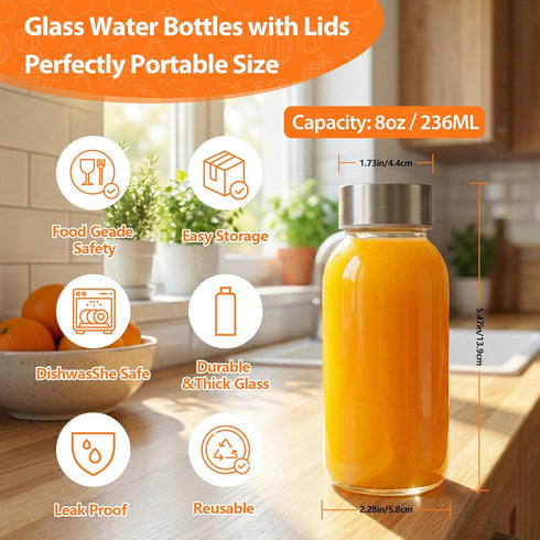 8 oz 8 Pack Luxfuel Glass Water Bottles with Lids, Small Glass Juice Bottles with Stainless Steel Caps & Funnel