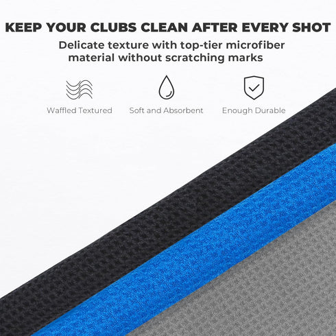 Golf Towel, 3 Pack Microfiber Golf Towels (16"x16") with Carabiner Clip, Tri-fold Waffle Pattern, Blue, Black, Gray