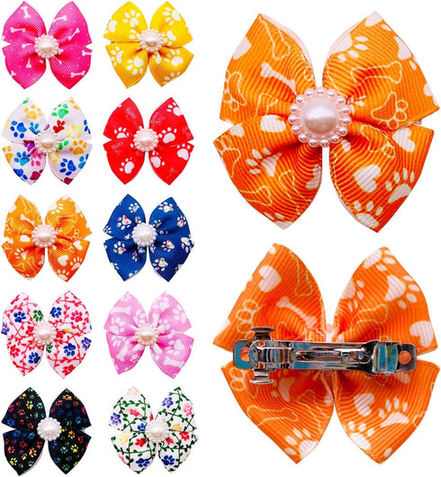 PET SHOW Bowknot Dog Hair Bows with French Barrette Clips - Pack of 10 Grooming Accessories for Yorkie, Teddy, Puppies