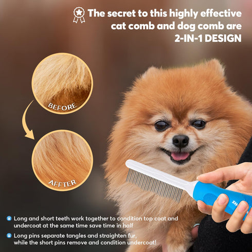 Detangling Pet Grooming Comb for Dogs & Cats, Stainless Steel Metal Teeth for Removing Tangles and Knots