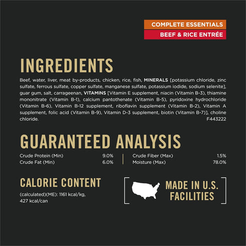 Pack (Pack 12) 13 oz. Purina Pro Plan Complete Essentials Wet Dog Food Chicken and Rice Entree and Beef and Rice Entree