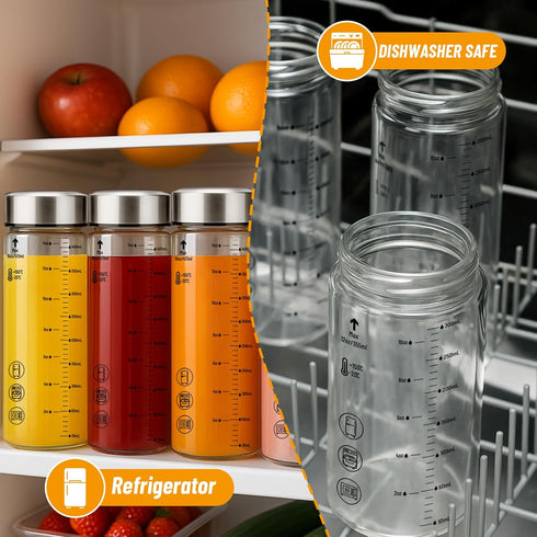 12 oz 6 Pack Luxfuel Glass Juice Bottles with Lids, Wide Mouth Borosilicate Glass Bottles with Stainless Steel Lids