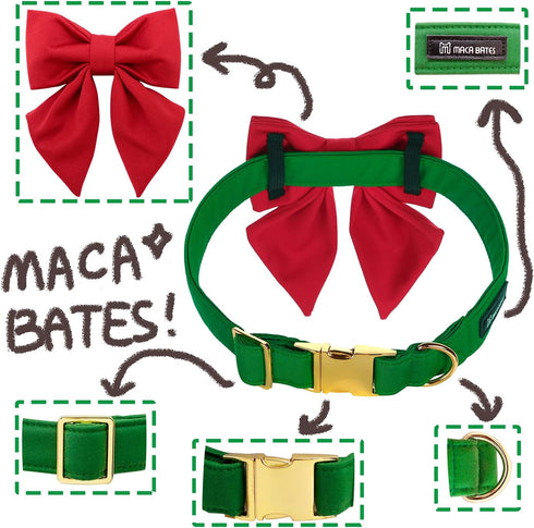 Maca Bates Christmas Red Green Dog Collar with Bow Tie - Adjustable Breakaway Collars for Solid Colors Dogs Gift for