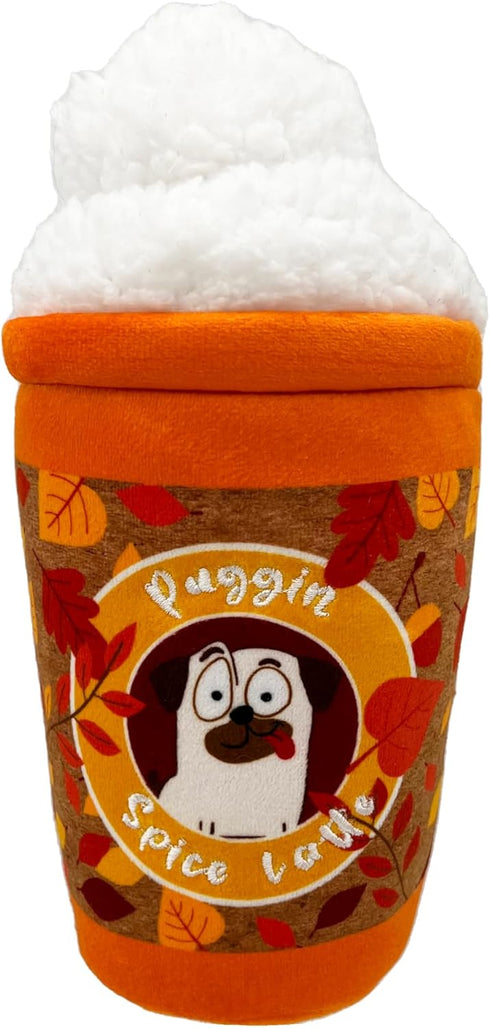 Huxley & Kent for Dogs | Puggin Spice Latte (Large) | Fall Funny Plush Toy with Squeaker, Dog Gift