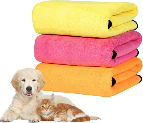 MICOOYO 3PCS Dog Towels for Drying, Super Absorbent Quick Drying Pet Grooming Towels for Puppy Cats (Yellow, Pink,
