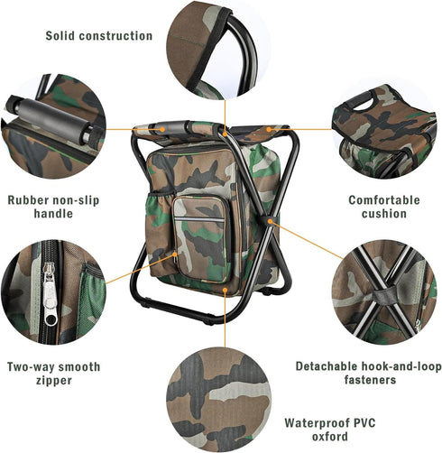 Kikerike Folding Stool Backpack Cooler Bag, Insulated Camping Chair with Front Pocket for Outdoor Events