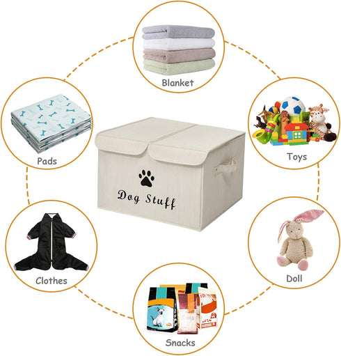 Geyecete Large Linen Fabric Storage Boxes, Foldable Bin Box Containers with Lid and Handles for Dog Apparel & Toys -