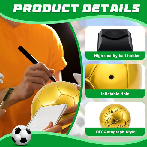 Hiboom 4 Pcs Gold Autograph Soccer Ball with Display Stand, Air Pump for Trophies, Awards