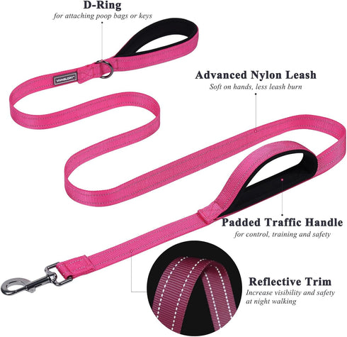 VIVAGLORY Traffic Handle Dog Leash with Two Padded Soft Handles, Reflective Training Lead, Pink
