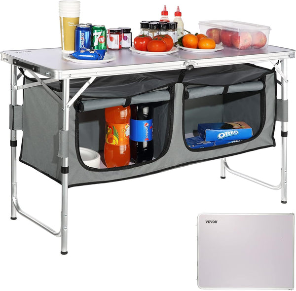 VEVOR Camping Kitchen Station - 3 Adjustable Height Folding Outdoor Cooking Table with Storage Organizer for BBQ and