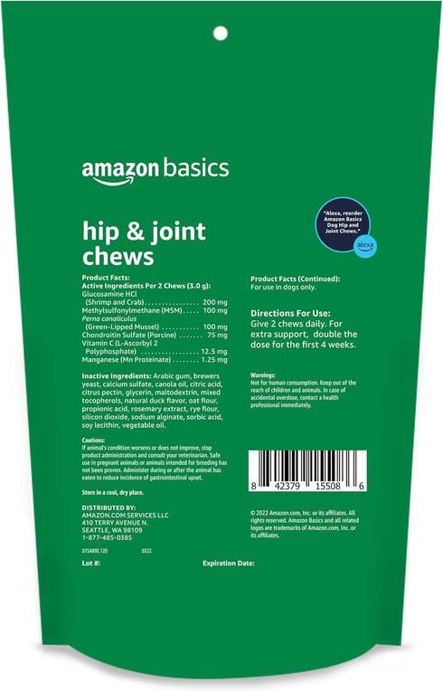 120 Count Amazon Basics Dog Hip & Joint Daily Supplement Chews with Glucosamine, MSM, and Vitamin C, Duck Flavored