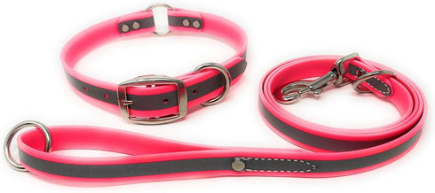 Regal Dog Products Medium Pink Reflective Dog Collar and Leash Set - Waterproof Biothane with Heavy Duty D Ring
