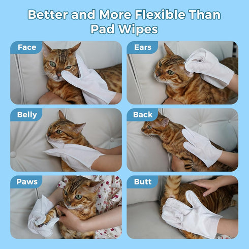 Extra Thick Pet Bathing Wipes for Dogs & Cats - Cleaning & Deodorizing Grooming Gloves, Rinse Free, Unscented, 6 PCS