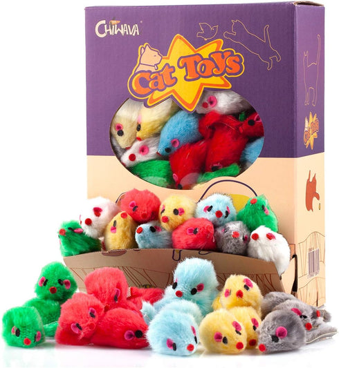 CHIWAVA 60PCS Furry Cat Toy Mice Rattle, Small Mouse Kitten Interactive Play Assorted Colors