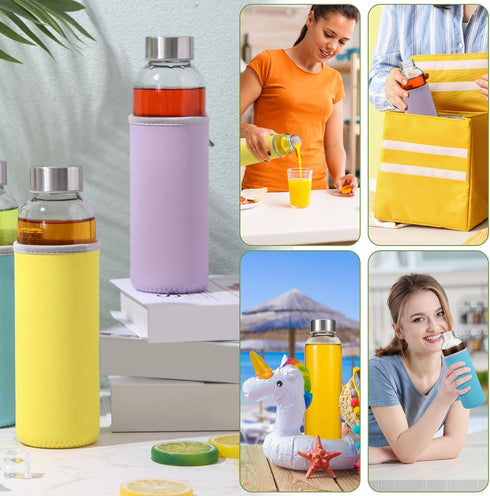 Vesici 12 Set 18 oz Clear Glass Water Bottles, Reusable Juicing Bottles with Protection Sleeve and Leak Proof Lids