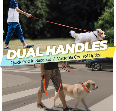 VIVAGLORY Twingrip Dog Leash, Double Handle Leash for Training & Walking with Traffic Handle & 2 Loop, Reflective Heavy