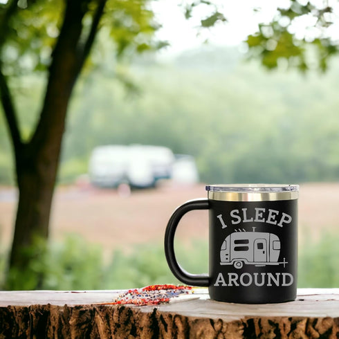I Sleep Around Customized Insulated Stainless Steel Coffee Mugs, Personalized Camper Tumbler (12oz, Black)