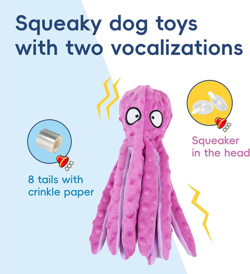 2 Pack Squeaky Dog Toys, Interactive Octopus Plush Stuffless Crinkle Pet Toys for Small, Medium, Large Dogs Teething
