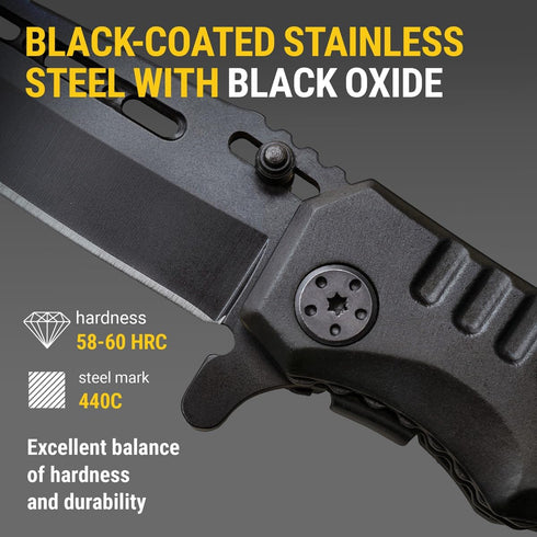 Safety Lock Pocket Knife - Spring Assisted 3.4-inch Sharp Blade - Folding Tactical Black Knife with Aluminum Handle - Ideal Knives Set for EDC Camping Hunting Survival - Birthday Gift for Men & Women 6681 by Grand Way