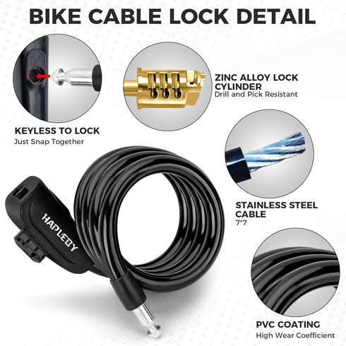 Premium Bike Lock with 2pcs Keys, Professional Bike Cable Lock of 4 Feet, Heavy Duty Bicycle Lock Cable for Strong Anti-Theft, come with 1PCS Mounting Bracket by Hapleby