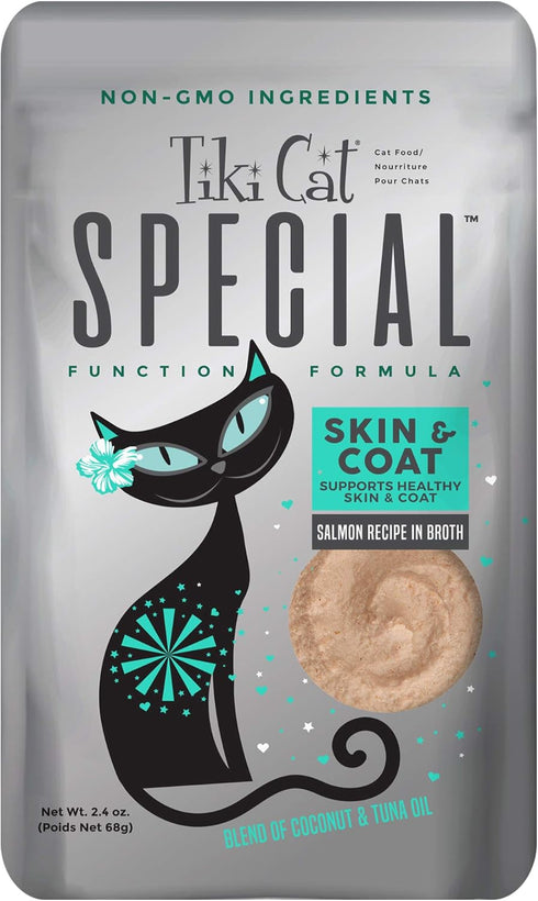 Tiki Cat Special Skin & Coat Mousse, Salmon Recipe, Functional Wet Cat Food for Adult Cats, 2.4 oz Pouch (Pack of 12)