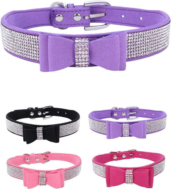 Adjustable Leather Suede Rhinestone Dog Collar, Bling Diamond Bow Tie Collars for Small Medium Large Dogs