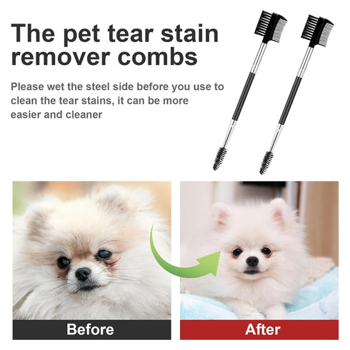 2 Pcs Double-Head Dog Tear Comb, Tear Stain Remover Brush for Dogs & Cats Grooming
