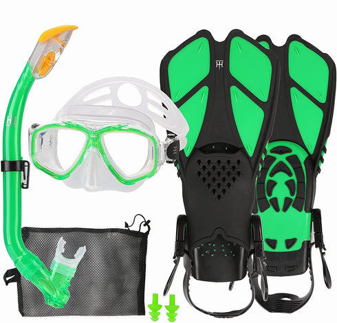 Kids Snorkel Set with Diving Mask, Snorkel, Adjustable Swim Fins, Mesh Bag, Anti-Fog Anti-Leak Snorkeling Gear for