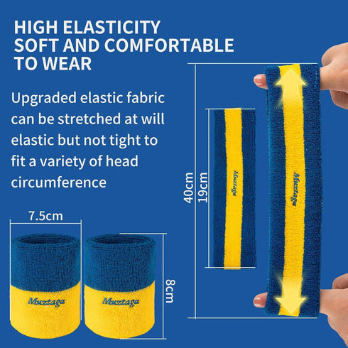 Muztaga Sports Wristbands for Men & Women - Blue & Yellow Two-Tone Soft Breathable Terry Cloth | Moisture Wicking