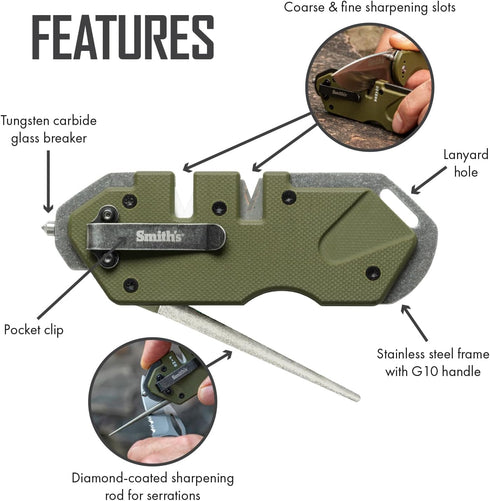 Smith’s 50981 Pocket Pal Tactical Knife Sharpener - OD Green, 2 Stage Sharpener & Diamond Rod, Compact