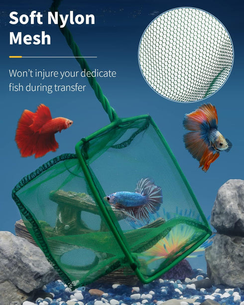 Pawfly Aquarium Fish Net with Soft Fine Mesh - Square Net with Braided Metal Handle for Cleaning Fish Tanks