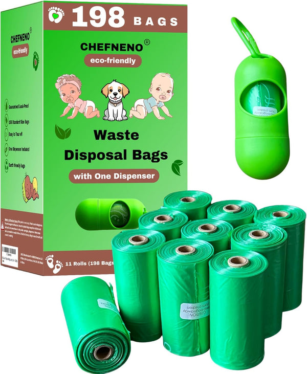 Multipurpose Waste Bags 11 Refill Rolls (198 Bags) with Dispenser, Biodegradable, Leak-Proof,