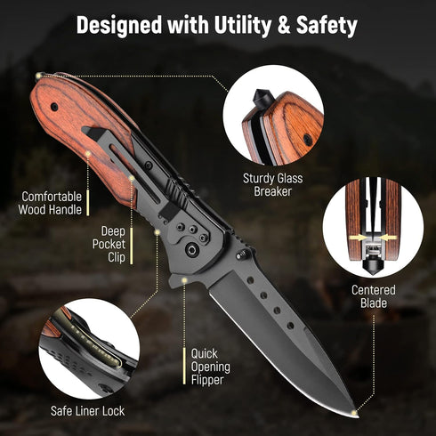 Pocket Knife for Men - 3.46" Sharp Blade Wood Handle Folding Knife with Clip and Glass Breaker, EDC for Camping,