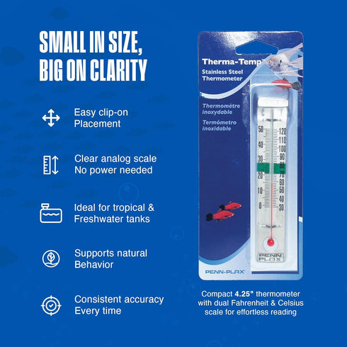 4.25 Inches Penn-Plax Therma-Temp Stainless Steel Thermometer - Accurate Aquarium Thermometer - Easy to Read - Dual