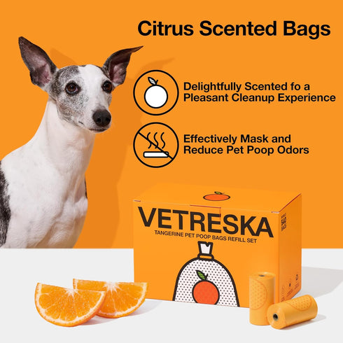 540 Count (36 VETRESKA Citrus Scented Dog Poop Bags, Leak Proof, Extra Thick and Large Pet Waste Bags for Dogs Walking