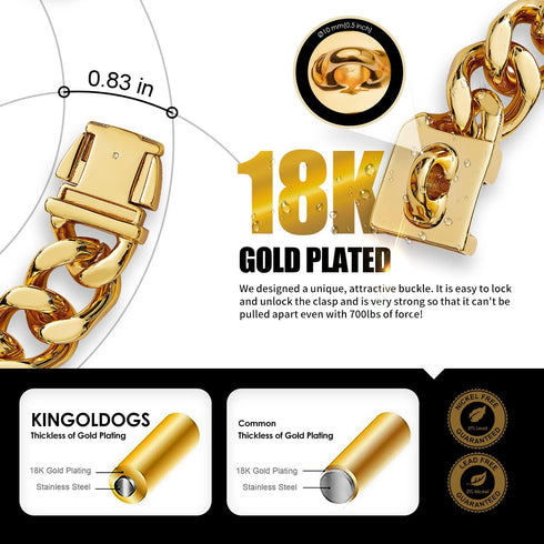 Gold Dog Chain Collars 18K Metal Cuban Link with Secure Buckle for Small Medium Large Dogs