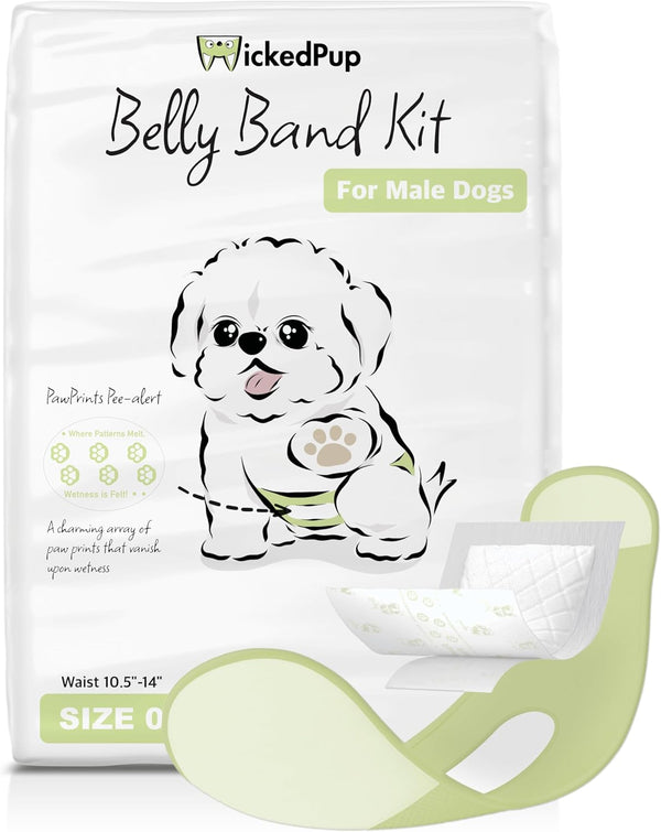 WICKEDPUP Male Dog Belly Band Kit, 50 Diaper Pads & 1 Reusable
