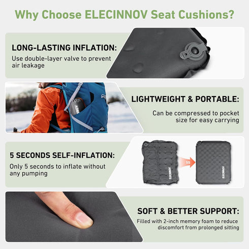 Backpacking (Grey-2pack) Inflatable Seat Cushion, Self Inflating Memory Foam Stadium Seat Cushion Lightweight Camping