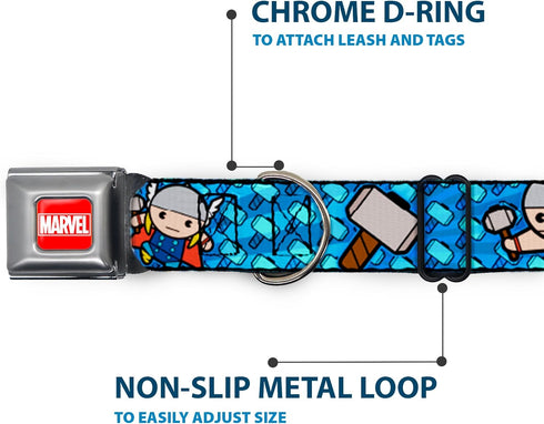 Dog Collar Seatbelt Buckle - Kawaii Thor Poses Hammer Monogram Blues, 15 to 26 Inches, 1.0 Inch Wide