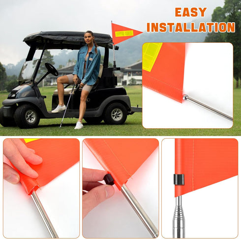 Golf Cart Flag Pole Reflective Accessories 22X30cm Orange Safety Flag, Telescopic Pole for Golf Cart Mount