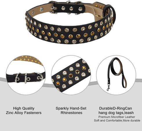 Rhinestone Dog Collar with Leash, Bling Diamond Adjustable Pet Collars, Sparkly Crystal Studded Microfiber Leather for