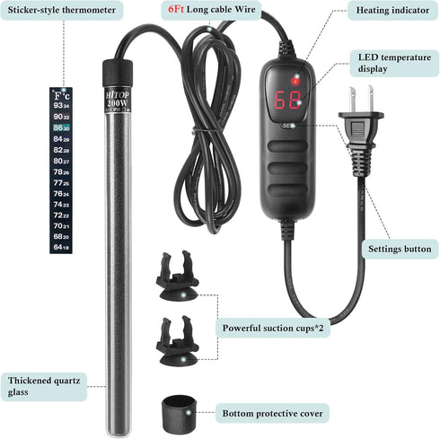 HITOP Mini Submersible Aquarium Heater, 200W Digital for Fish Tank, Turtle Tank 25-50 Gallon