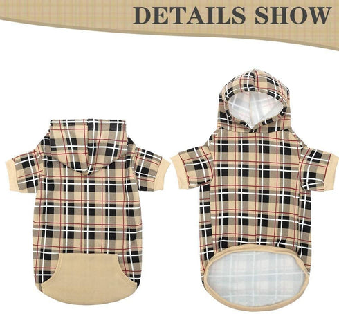 EXPAWLORER Plaid Dog Hoodie - British Style Warm Sweater Shirt with Leash Hole for All Breeds