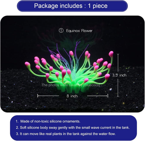 Soft Silica Gel Aquarium Decorations, Glow in The Dark Coral Ornaments for Fish Tank (Green, Equinox)