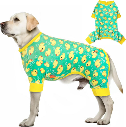 KYEESE Velvet Dog Pajamas, Soft Pjs for Medium Sized Dogs with Yellow Ducks Pattern, Stretchy Pet Jammies Coat Comfy