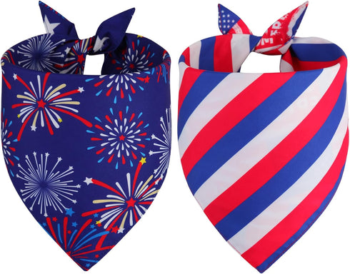 QUQULE 4th 2PCS, 4 of July Dog Bandanas XLarge Pattern American Flag Patriotic Scarf for Boy and Girl, Durable Triangle