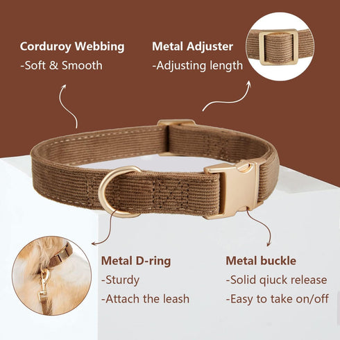 Soft Dog Collar with Metal Buckle, Adjustable Durable Comfort Cotton Corduroy for Large Medium Small Dogs, Velvet,
